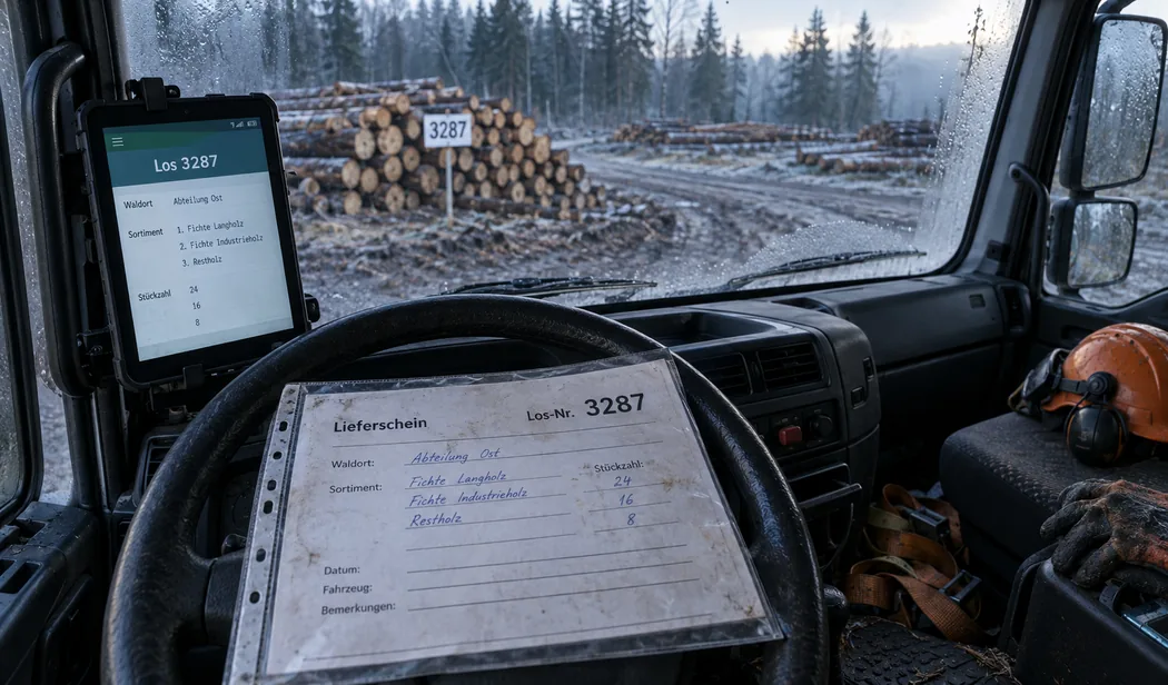 Losnummer am Beleg im Fahrerhaus eines Holztransporters vor der Abfahrt an der Waldstraße