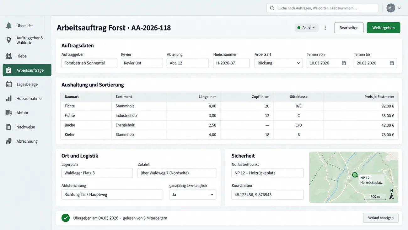 Maske: Arbeitsauftrag Forst mit Aushaltung, Sortierung, Lagerplatz und Notfalltreffpunkt