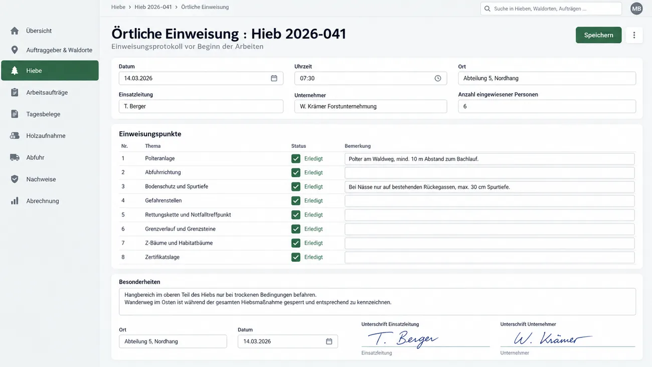 Maske: Einweisungsprotokoll mit abgehakter Checkliste und Unterschriften beider Seiten