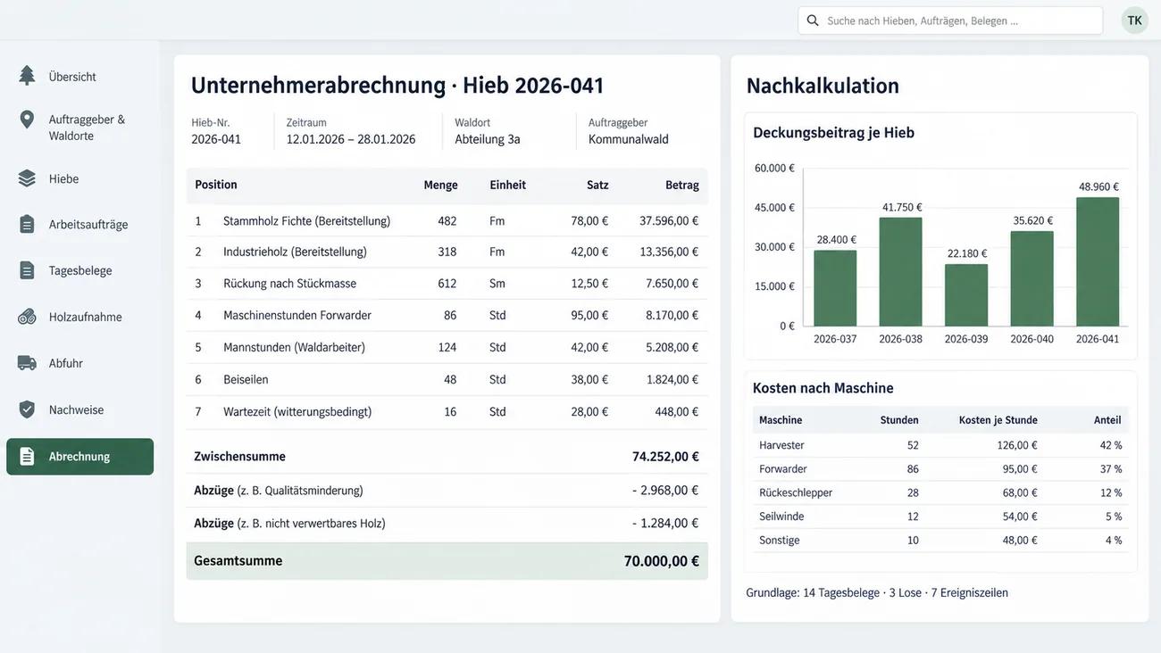 Maske: Unternehmerabrechnung mit Positionen aus den erfassten Zeilen und Nachkalkulation