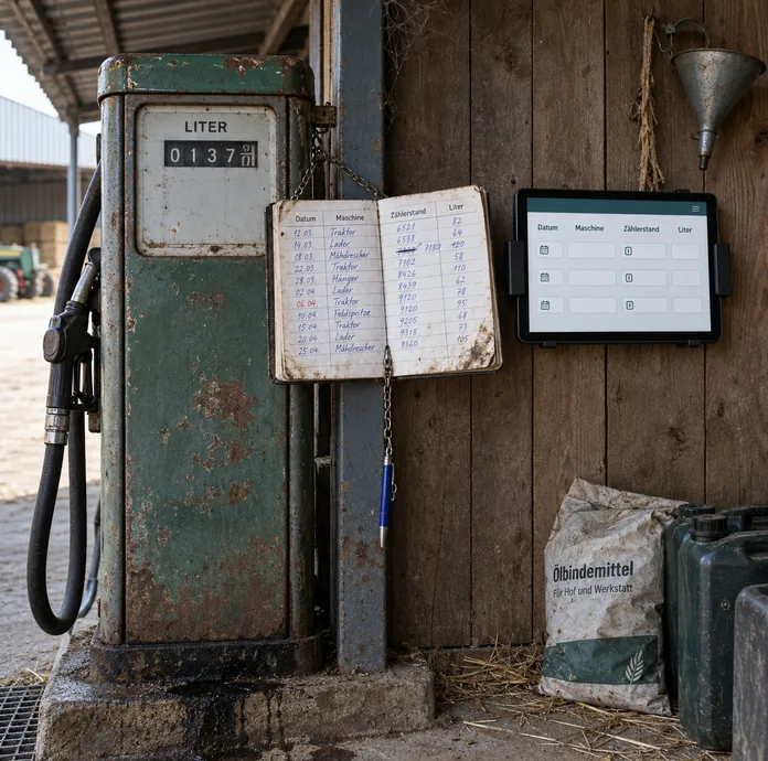 Alte Zapfsäule mit mechanischem Zählwerk an der Hoftankstelle unter dem Wellblechvordach