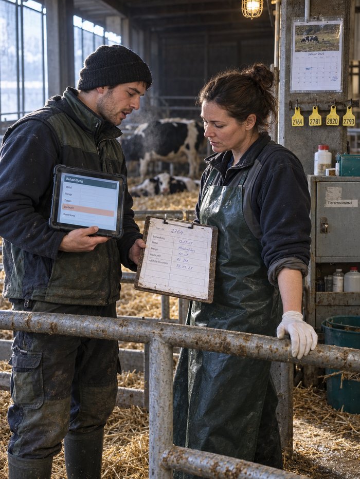 Zwei Mitarbeiter klären am Behandlungsbereich des Rinderstalls die Wartezeit eines Tieres