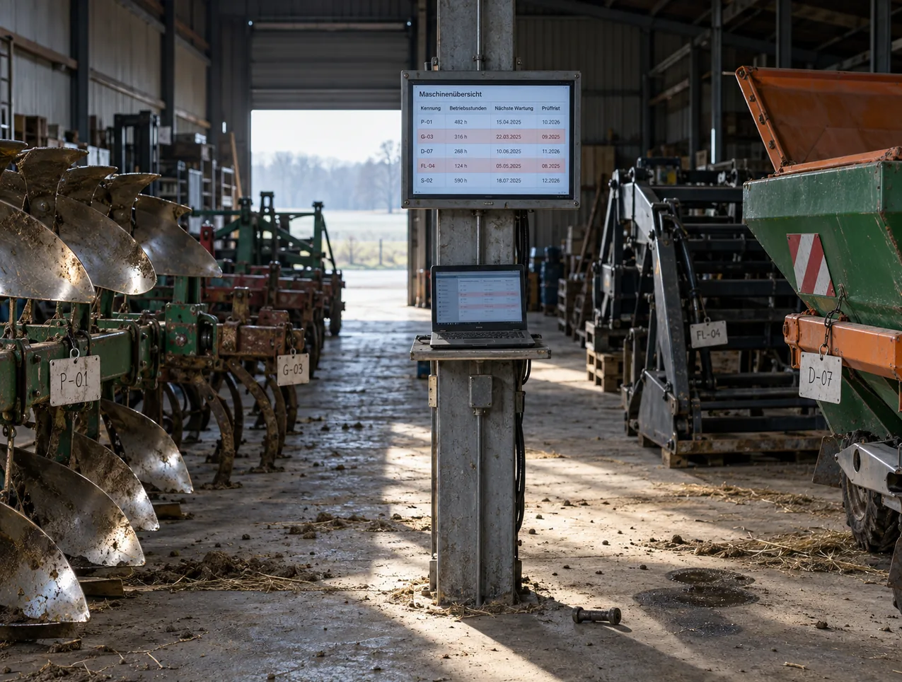 Maschinenhalle eines landwirtschaftlichen Betriebs am frühen Morgen mit Pflug und Anbaugeräten in der Gasse