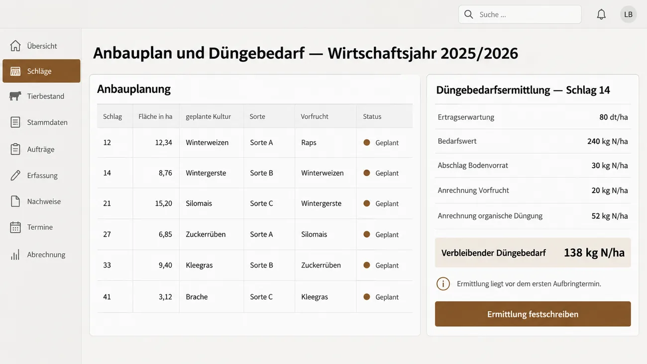 Maske: Anbauplan je Schlag mit der danebenliegenden Rechenkarte zur Düngebedarfsermittlung