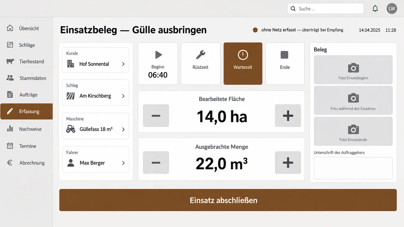 Maske: Einsatzbeleg für draußen mit großen Schaltflächen für die Zeiten und Zählern für Fläche und Menge