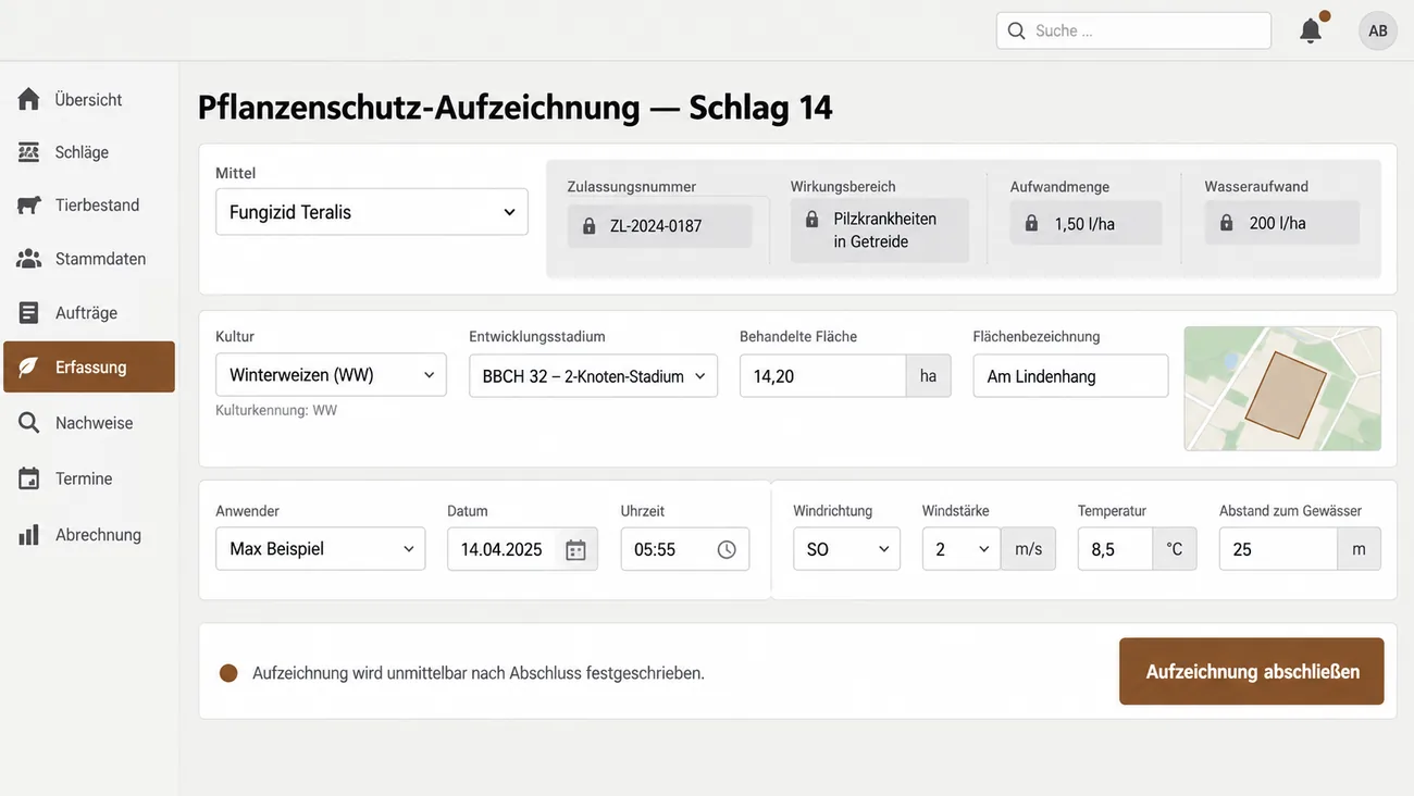 Maske: Pflanzenschutz-Aufzeichnung mit den aus der Mittelauswahl abgeleiteten Pflichtangaben