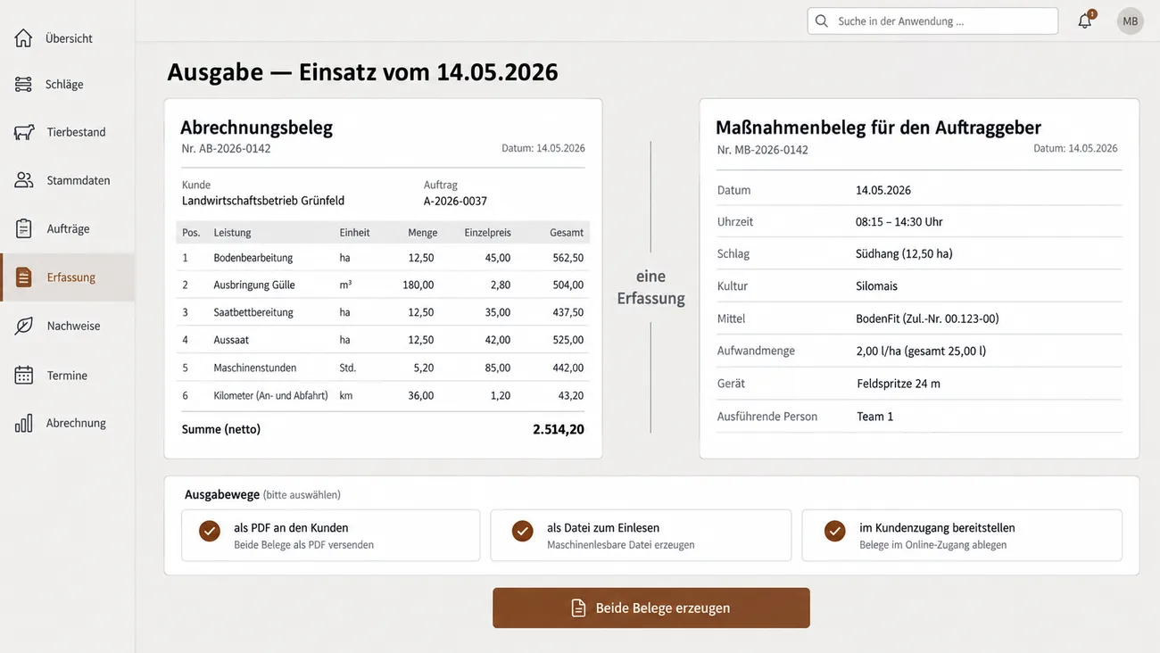 Maske: Ausgabeansicht mit Abrechnungsbeleg und Maßnahmenbeleg aus einer einzigen Erfassung