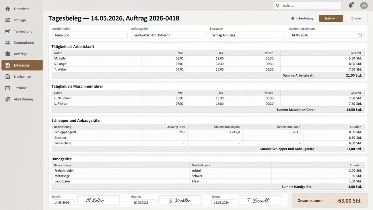 Maske: Tagesbeleg mit getrennten Blöcken für Arbeitskraft, Maschinenführer, Schlepper und Geräte
