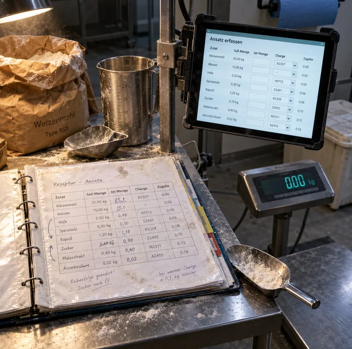 Abgegriffener Ringordner mit der eigenen Verwiegevorlage auf dem Ansatzpult neben der Bodenwaage
