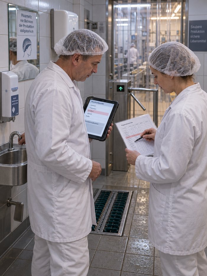 Qualitätsverantwortliche und Schichtleiter klären in der Hygieneschleuse einen Wert auf dem Kontrollblatt