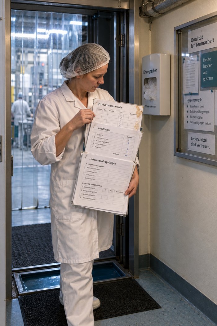 Mitarbeiterin im Kittel bringt drei Kontrollpapiere aus der Produktion in den Bürotrakt