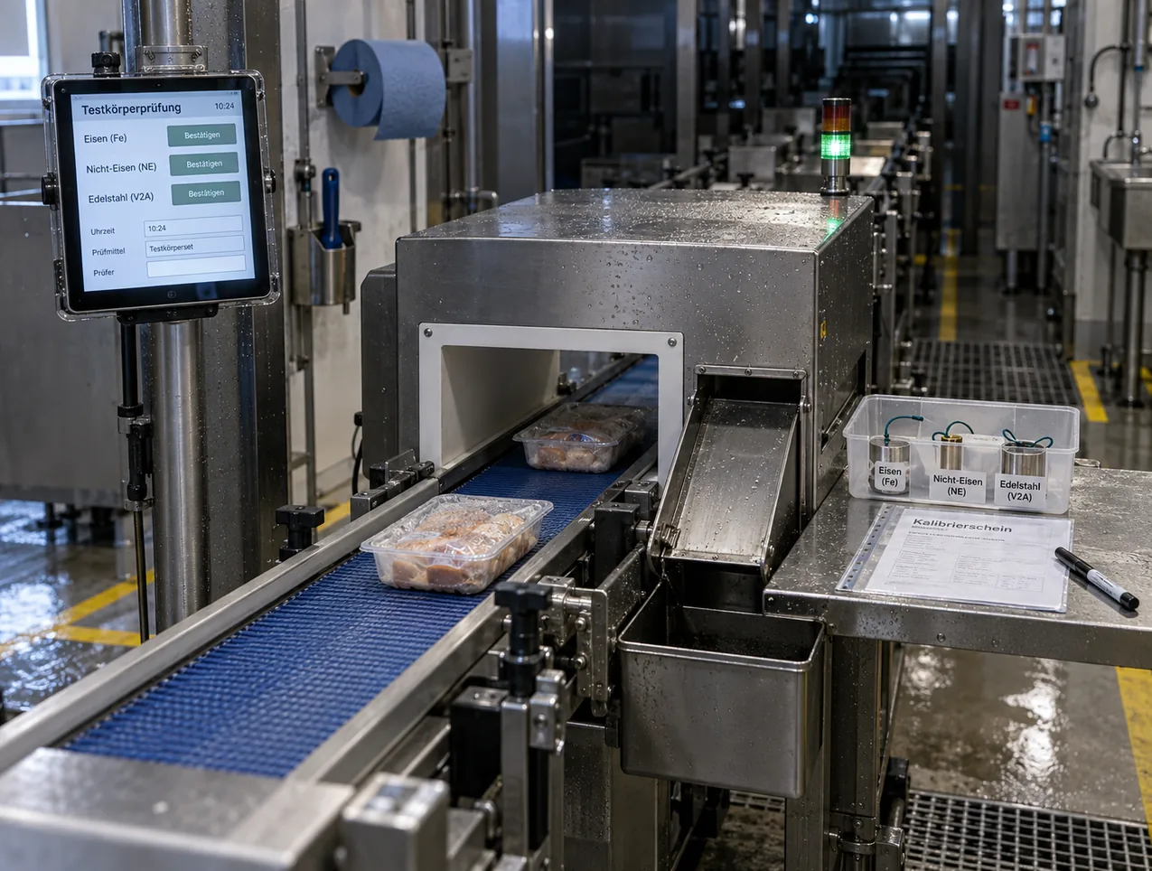 Metalldetektor in der Verpackungslinie mit offenem Auswurfschacht in der Pause zwischen zwei Takten