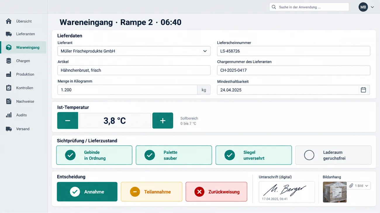 Maske: Wareneingangserfassung an der Rampe mit großen Feldern für Charge, Menge und Ist-Temperatur