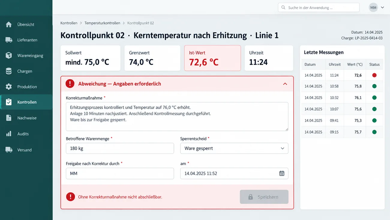 Maske: Kontrollpunkt mit überschrittenem Grenzwert und aufgeklappten Pflichtfeldern zur Korrekturmaßnahme
