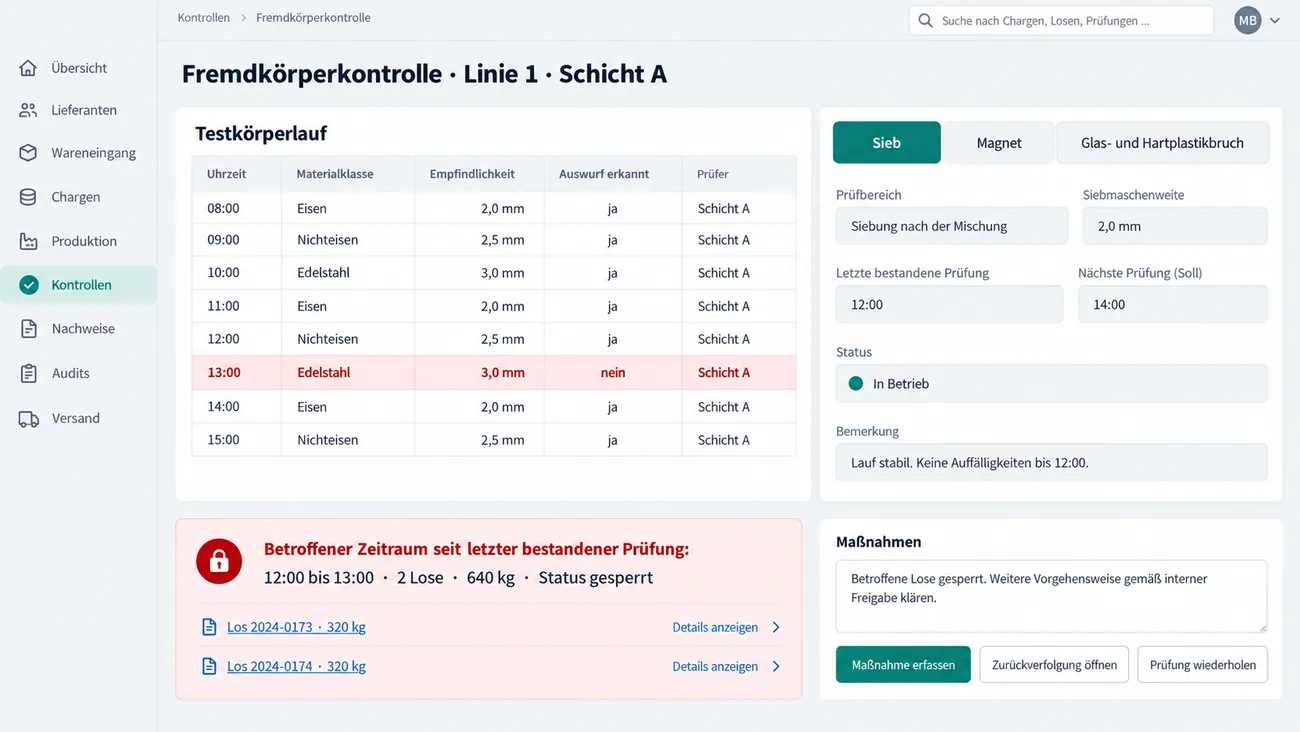 Maske: Prüfprotokoll der Fremdkörperkontrolle mit Testkörperläufen je Materialklasse und Empfindlichkeit