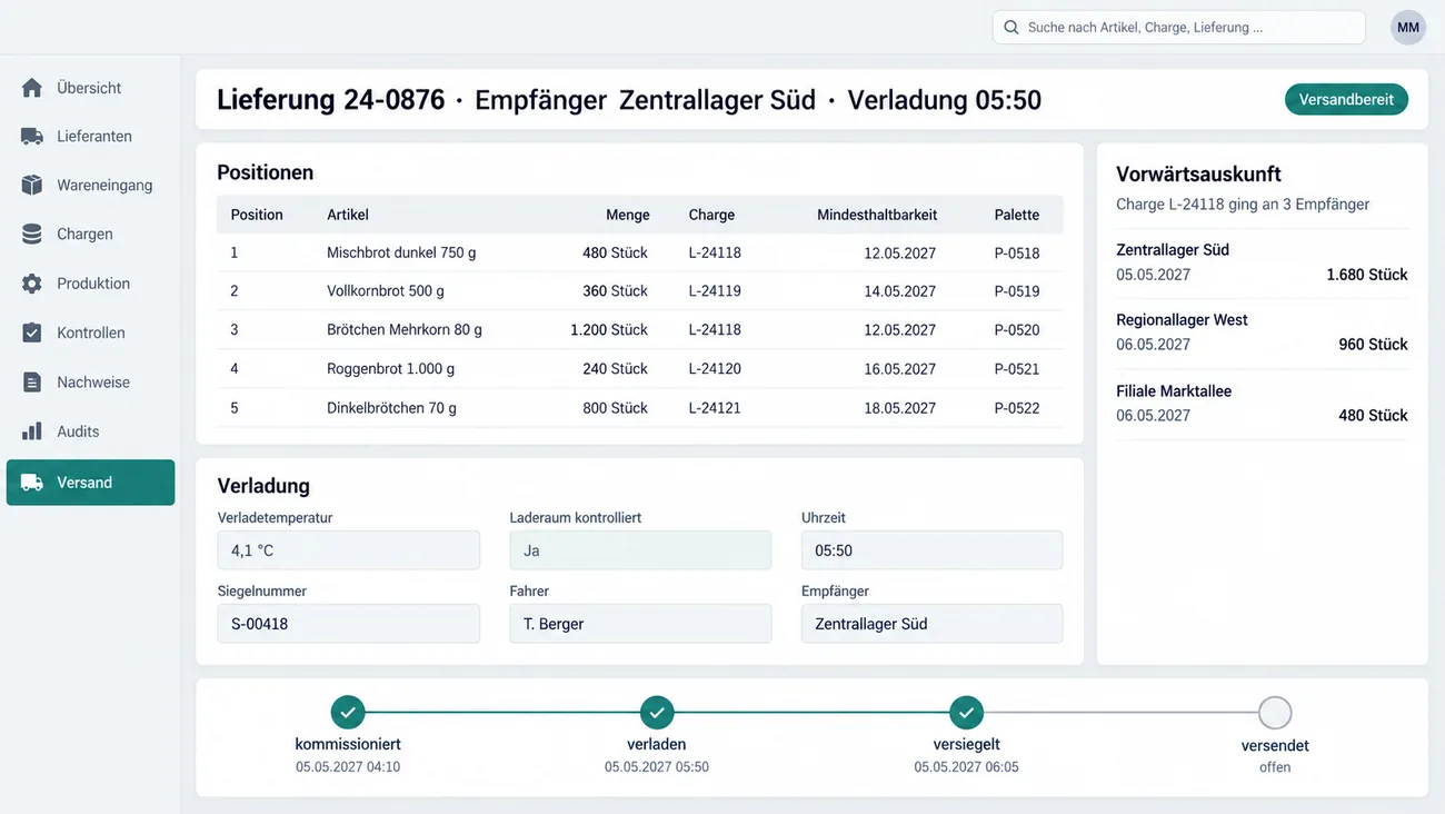 Maske: Lieferschein in der Versandansicht mit Charge je Position und Angaben zur Verladung
