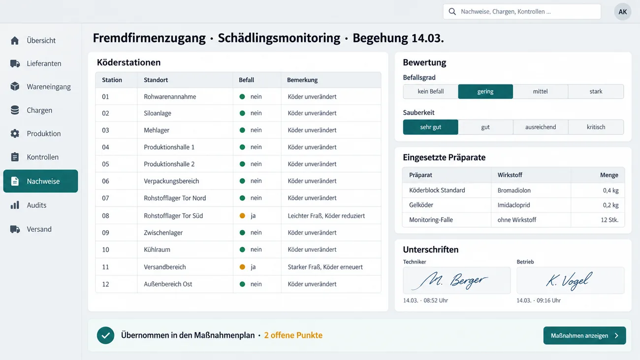 Maske: Fremdfirmenzugang mit Köderstationen, Befall und Bewertung der Schädlingsbekämpfung