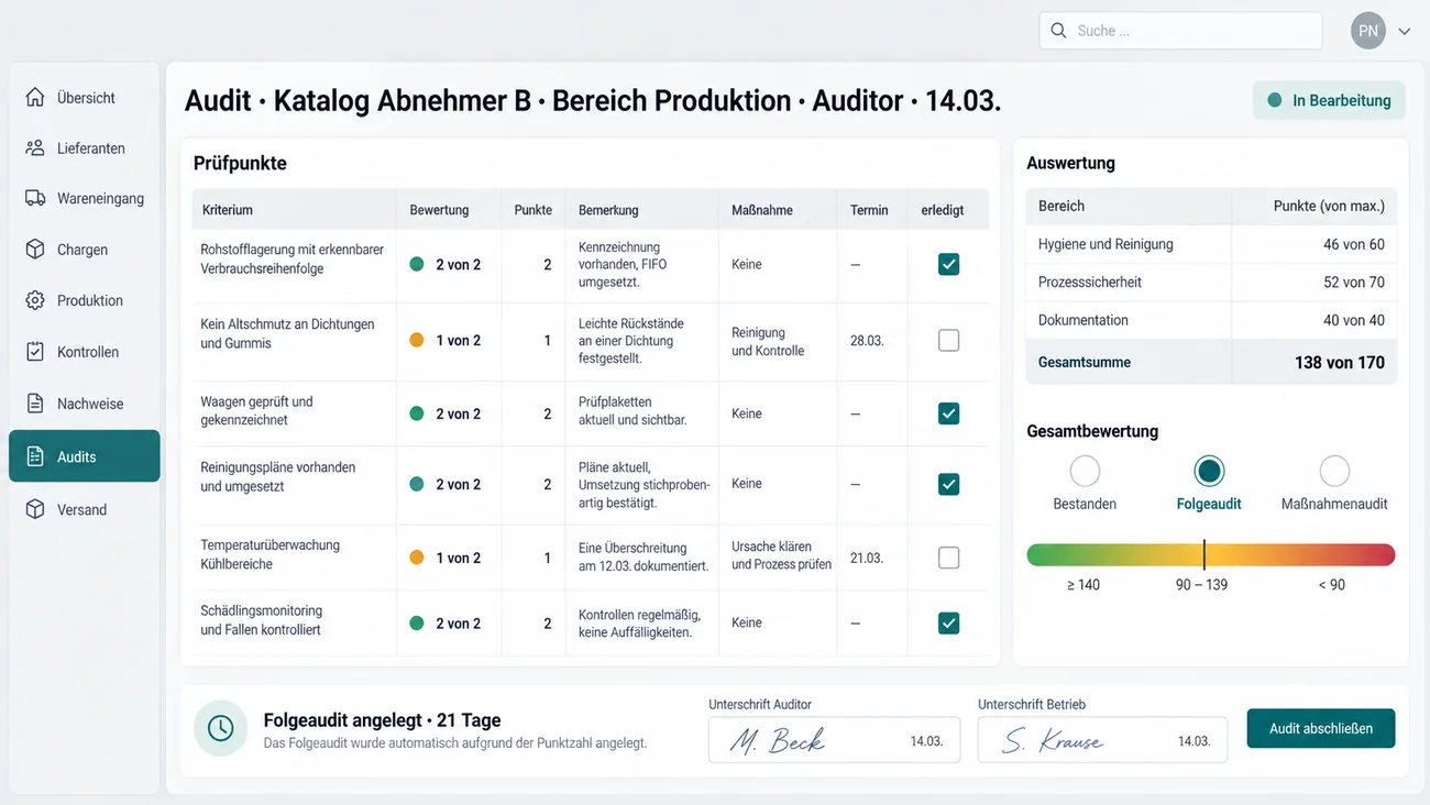 Maske: Auditbogen mit Bewertung je Kriterium, Punkten, Maßnahme und Termin