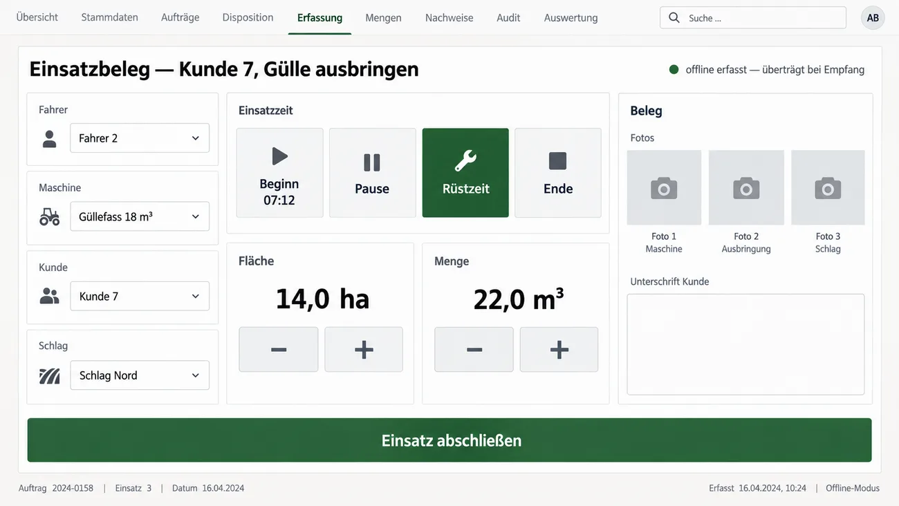 Maske: tastaturfreie Erfassung von Zeiten, Fläche, Menge, Foto und Unterschrift