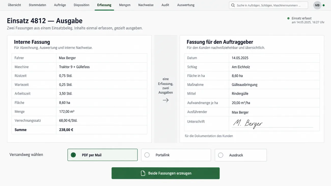 Maske: zweite Fassung des Einsatzbelegs für die Dokumentation des Auftraggebers