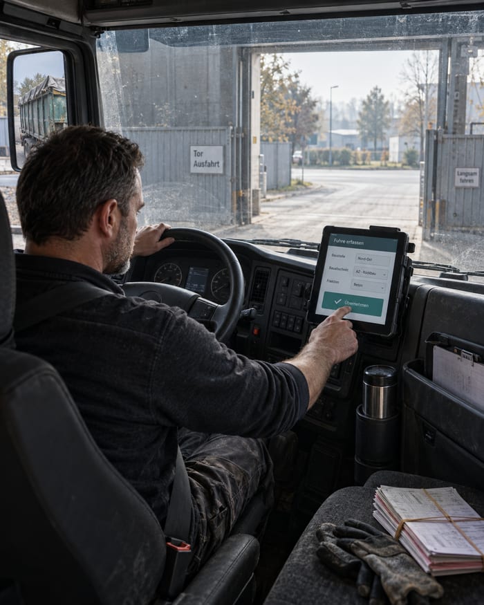 Bauleiter eines Abbruchbetriebs sieht am Tablet den Stand seiner Baustellen
