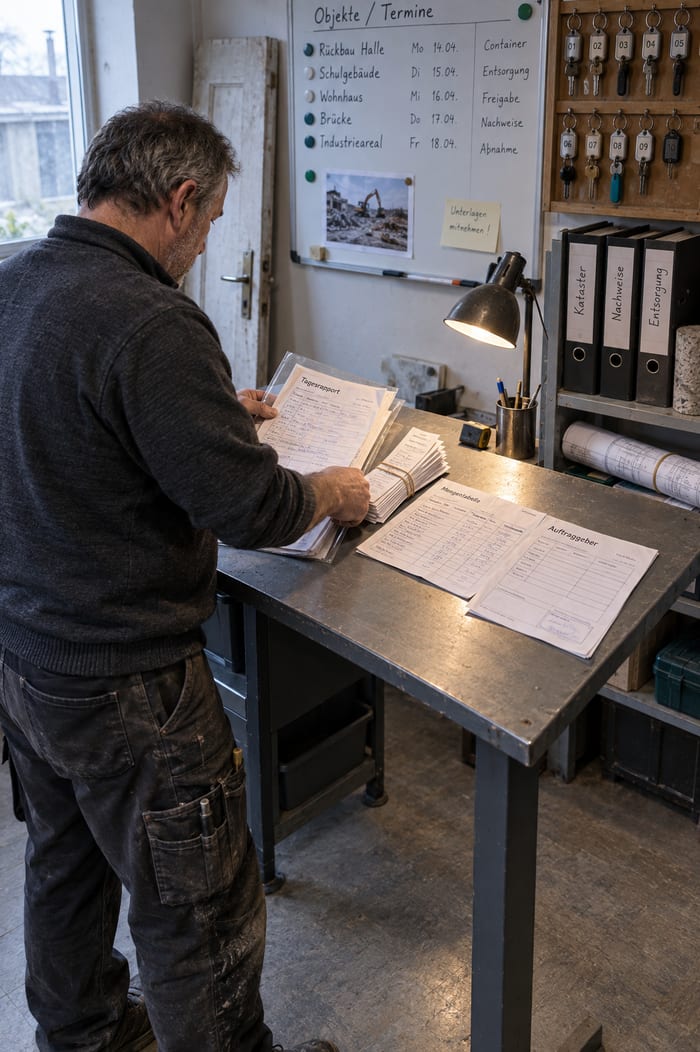 Erstgespräch mit Tagesrapport, Wiegescheinen und Mengentabelle auf dem Tisch