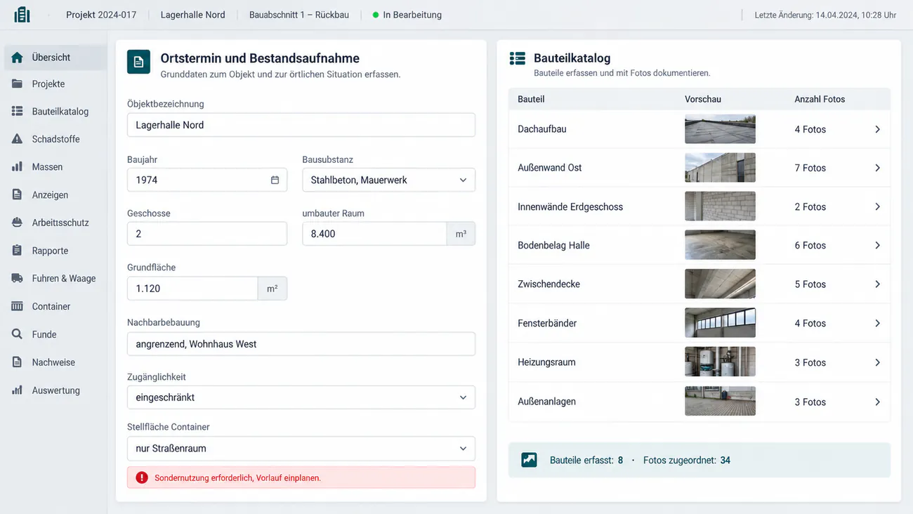 Maske: Bestandsaufnahme bei der Begehung mit Kubatur und Zugänglichkeit