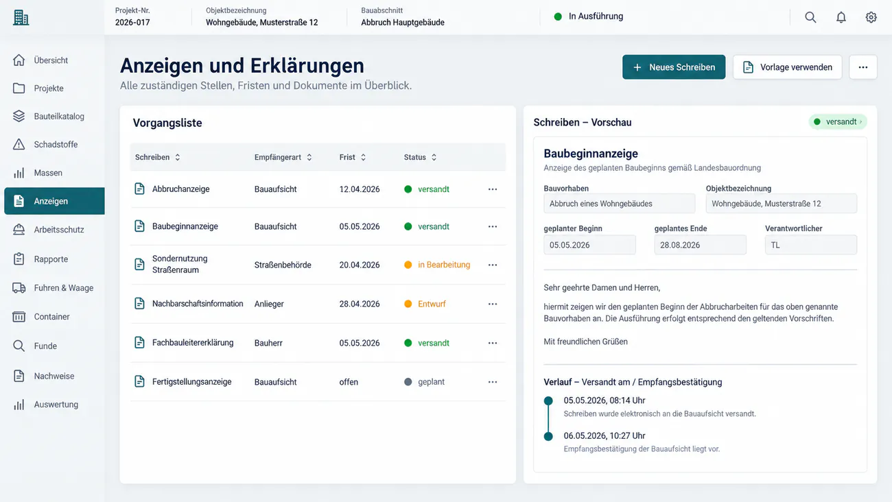 Maske: Abbruchanzeige und Fristen aus den Projektdaten