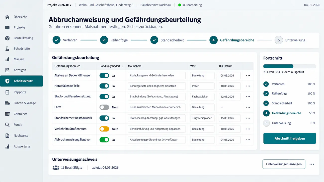 Maske: Abbruchanweisung mit Verfahren, Reihenfolge und Standsicherheit