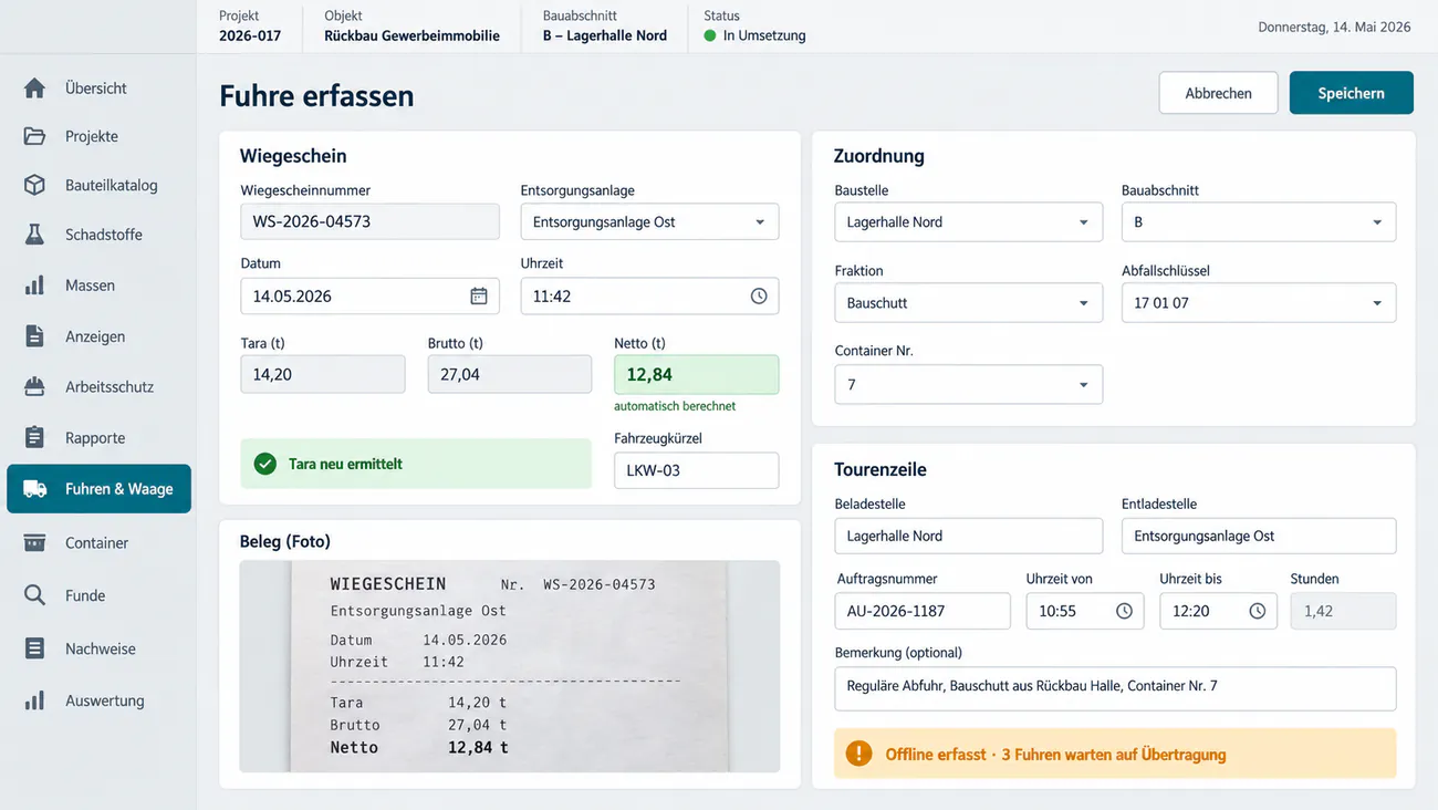 Maske: Wiegeschein an der Waage mit Tara, Brutto, Netto und Zuordnung