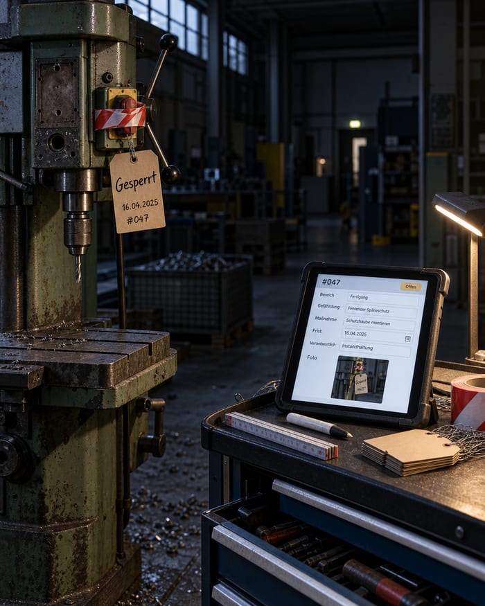 Fachkraft für Arbeitssicherheit sieht am Tablet den Stand ihrer betreuten Objekte