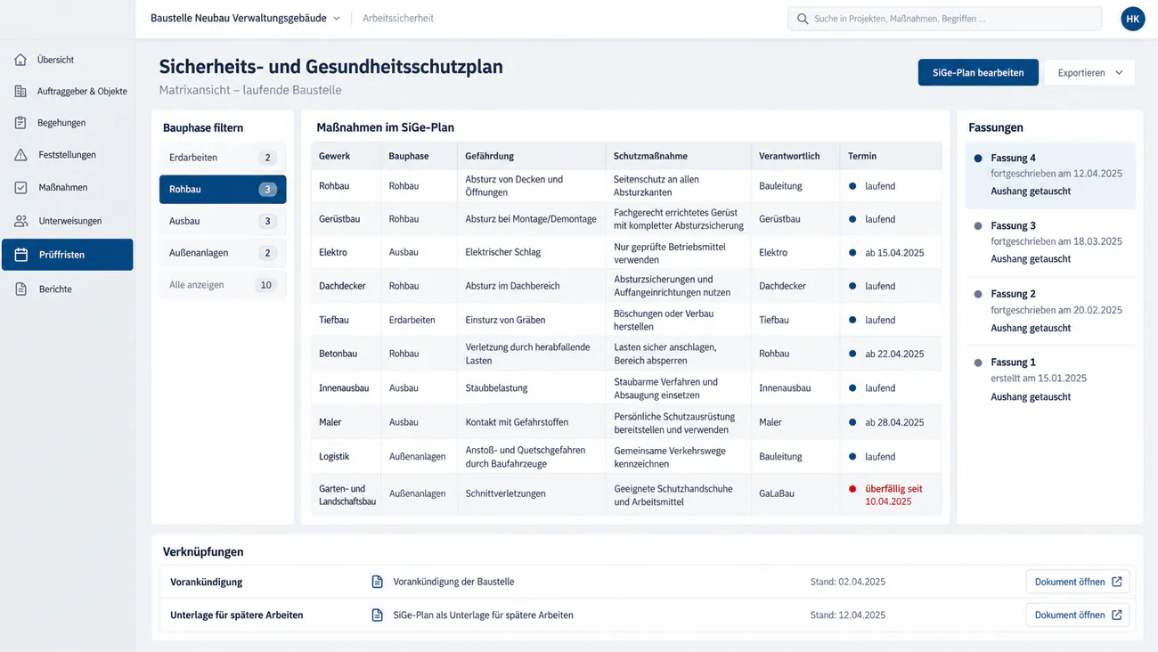 Maske: SiGe-Plan als Matrix aus Gewerk, Bauphase, Gefährdung und Maßnahme