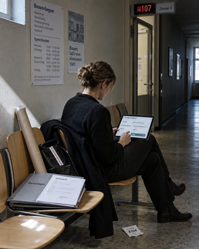 Architekt sieht am Tablet den Stand seiner Projekte