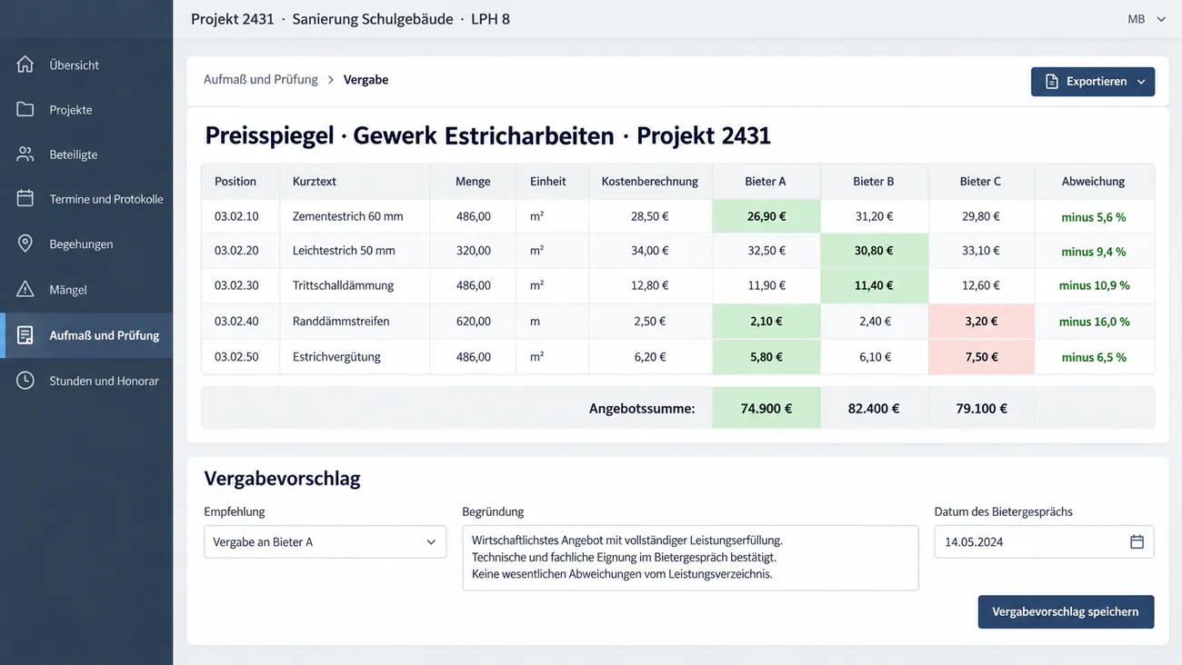Maske: Preisspiegel mit Angeboten Position für Position und Abweichung