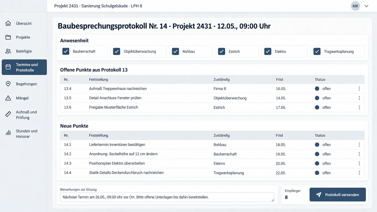 Maske: Jour-fixe-Protokoll mit offenen Punkten, Zuständigen und Fristen