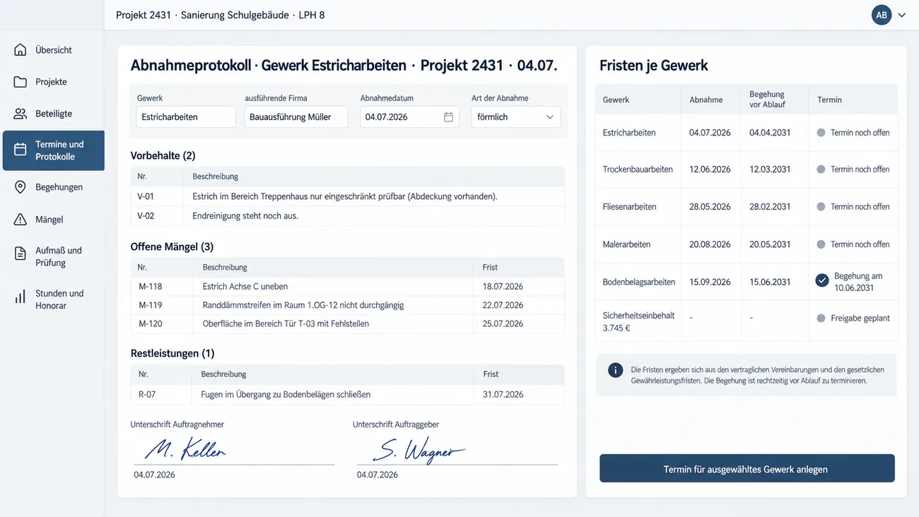 Maske: Abnahmeprotokoll mit Vorbehalten, Restleistungen und Fristbeginn
