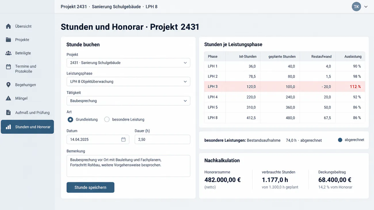 Maske: Stunden je Projekt und Leistungsphase mit Honorarermittlung