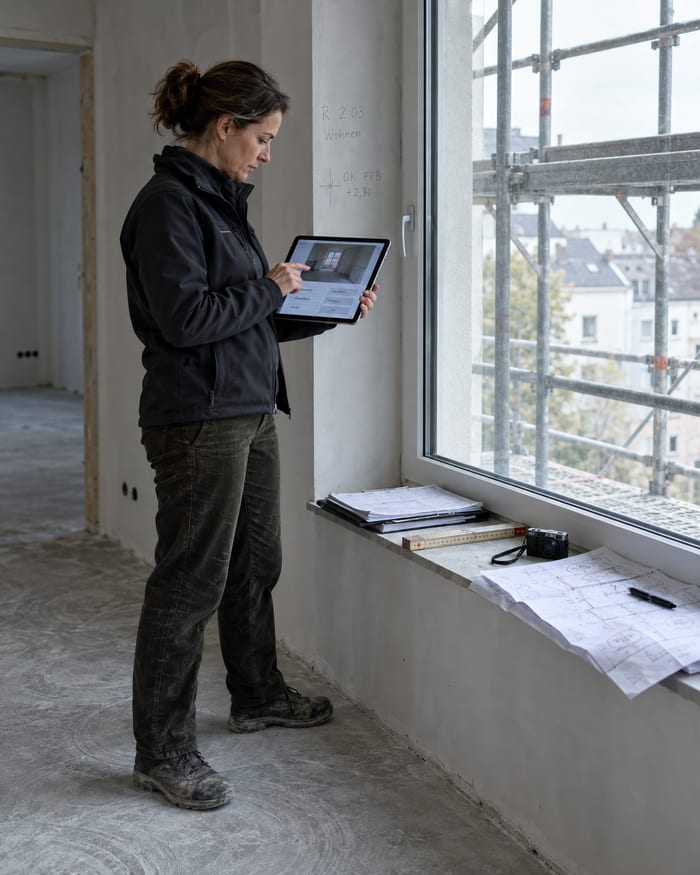 Bauleiter sieht am Tablet den Stand seiner Baustellen und die offenen Punkte