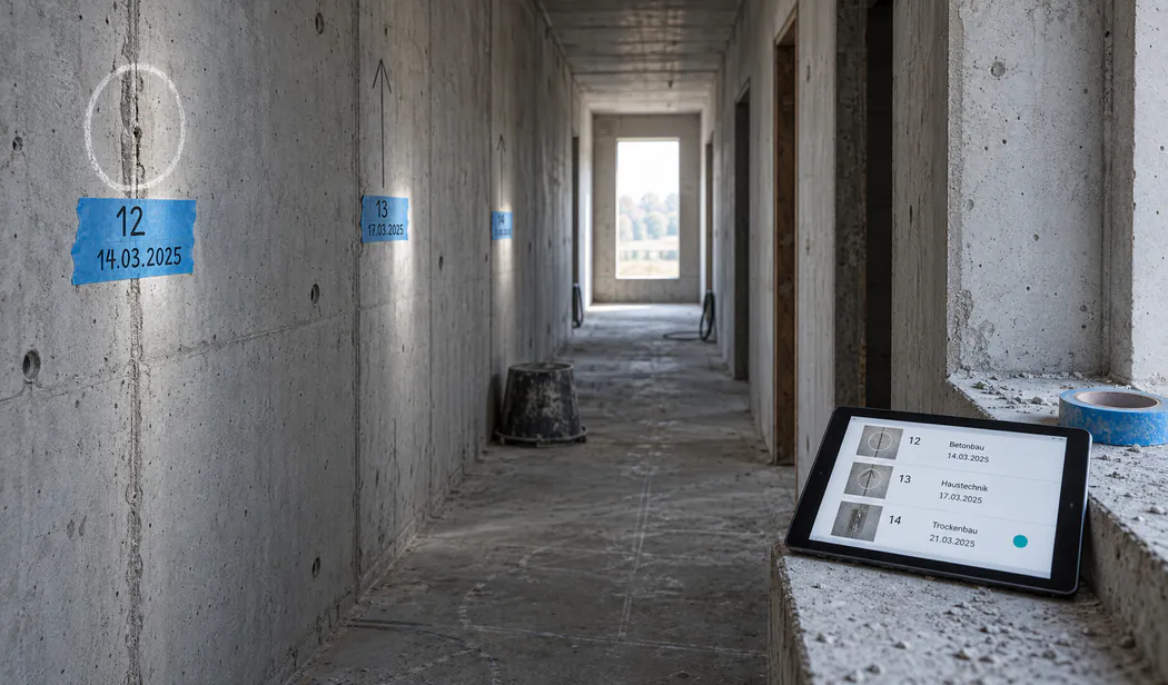 Bildschirmansicht einer Feststellung mit Bauteil, Gewerk, Foto und Frist