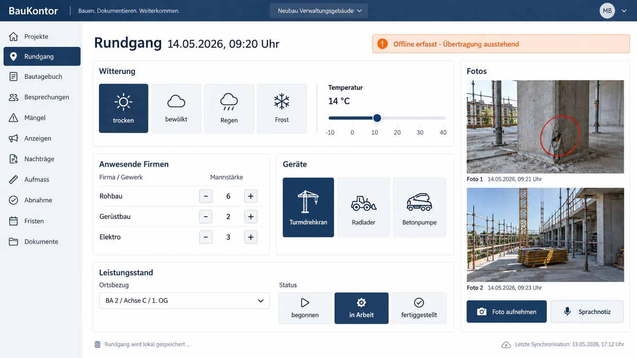 Maske: tastaturfreier Rundgang mit Firmen, Mannstärke, Leistungsstand und Foto