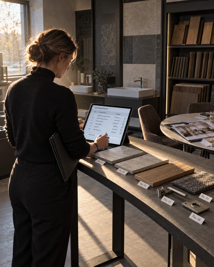 Geschäftsführer eines Bauträgers sieht am Tablet den Stand seiner Einheiten