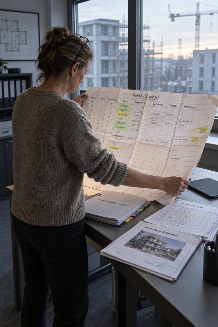 Erstgespräch mit Verkaufsspiegel, Bemusterungsprotokoll und Bautenstandsbericht auf dem Tisch