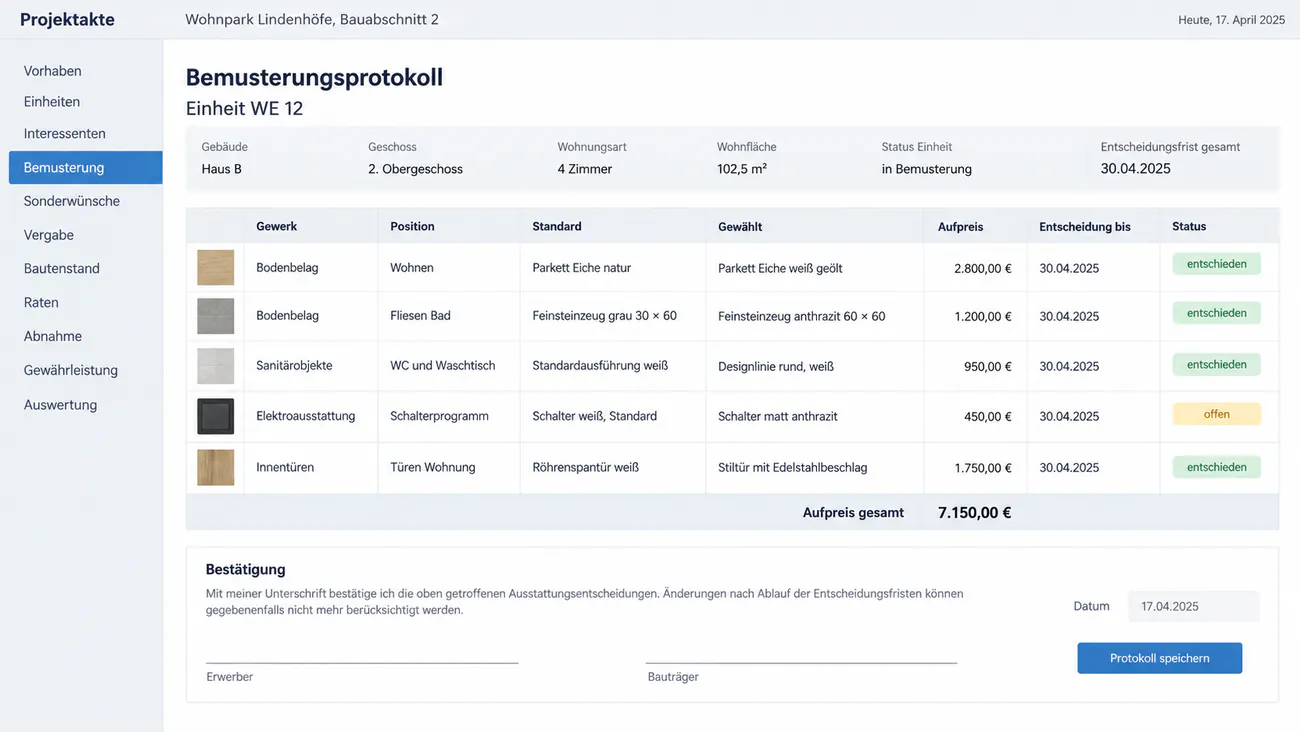 Maske: Bemusterungsprotokoll mit Standard, Aufpreis und Entscheidungsfrist je Position