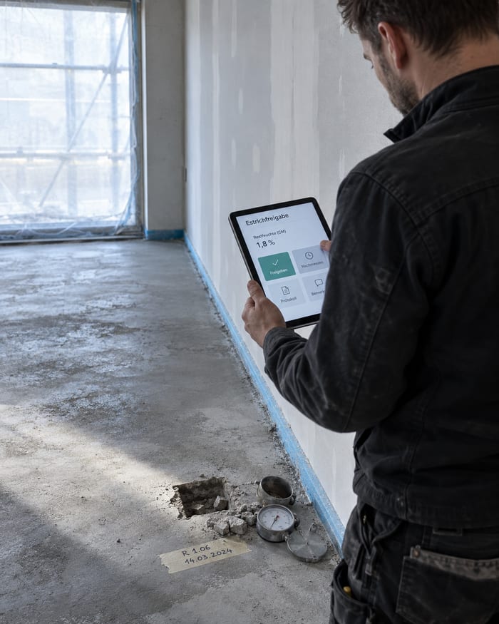 Projektleiter eines Generalunternehmens sieht am Tablet den Stand seiner Vergaben und Baustellen