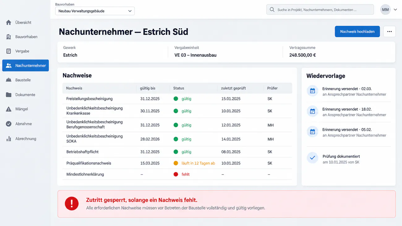 Maske: Nachunternehmerakte mit Nachweisen und ihren Gültigkeitsdaten
