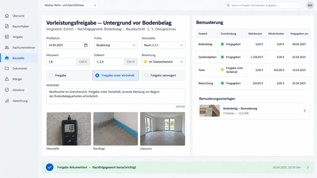 Maske: Vorleistungsfreigabe mit Zustand, Messwert, Foto und Vorbehalt