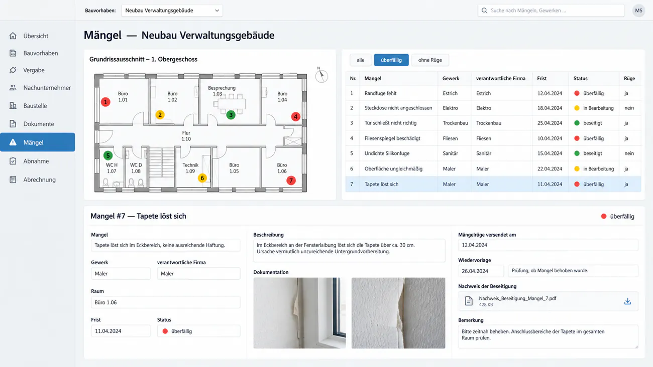 Maske: Mangel mit Foto, Verortung im Plan, Gewerk, Frist und Status