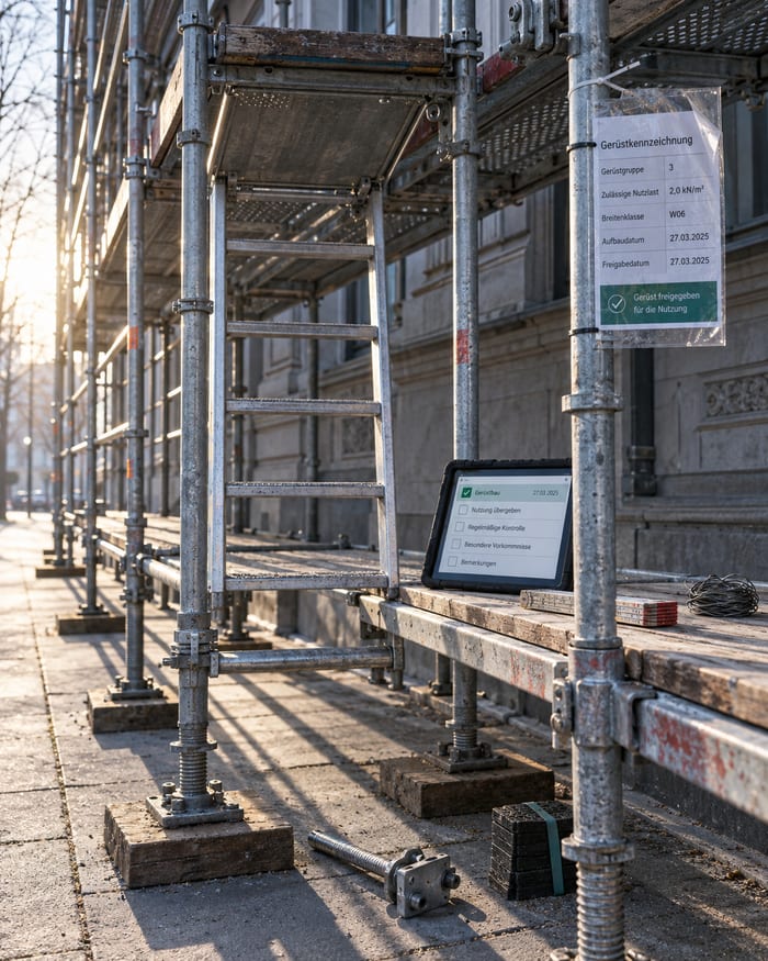 Gerüstbaumeister sieht am Tablet den Stand seiner Baustellen und Standzeiten