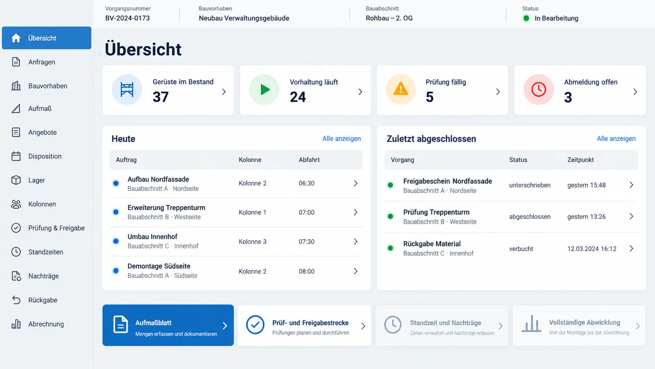 Maske: Auswahl des Projektumfangs vom einzelnen Aufmaßblatt bis zur ganzen Kette