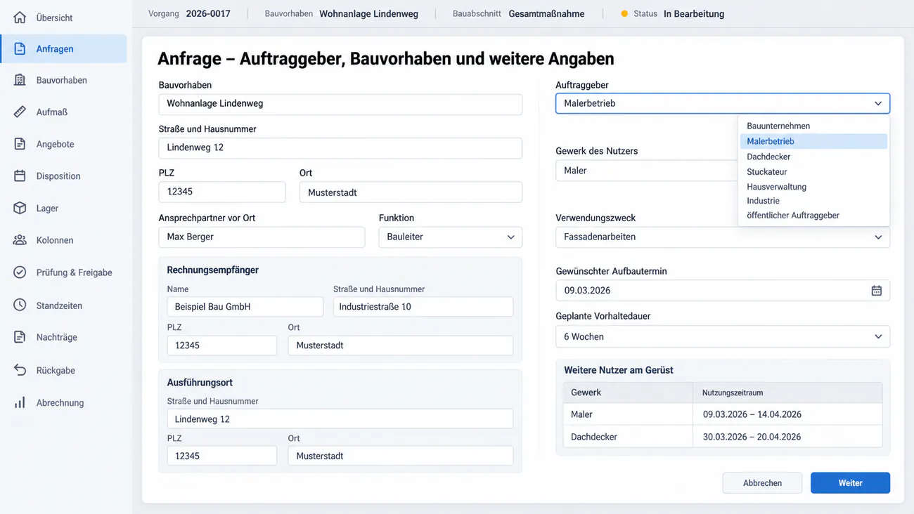 Maske: Anfrage mit Bauvorhaben, Nutzer, Verwendungszweck und Vorhaltedauer